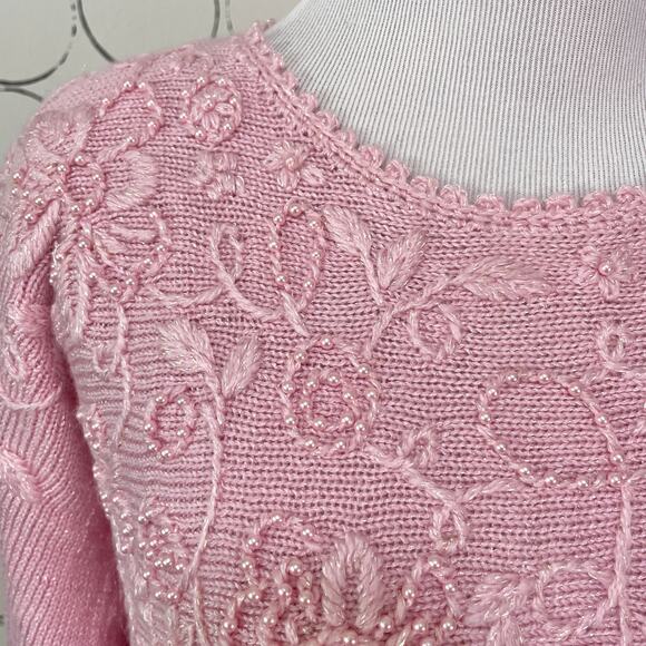 VTG Jaclyn Smith Womens Knit Sweater M Pastel Pink Beaded Coquette Floral Dainty - Picture 6 of 16